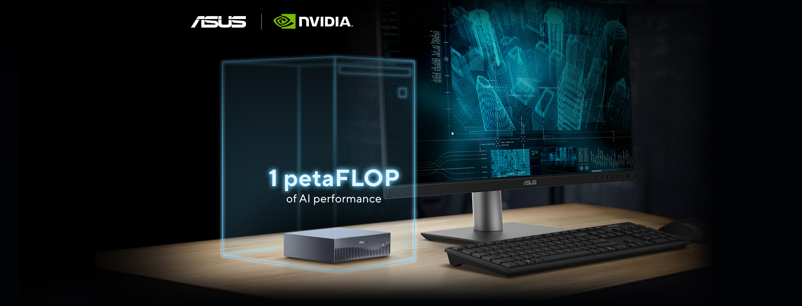 Desk with ASUS Ascent GX10 and data display on monitor