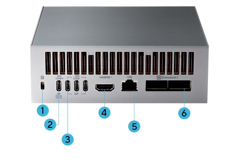 Silver ASUS GX10 AI supercomputer with rear ports on dark blue background.