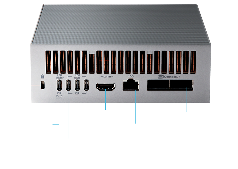 Silver ASUS GX10 AI supercomputer with rear ports on dark blue background.